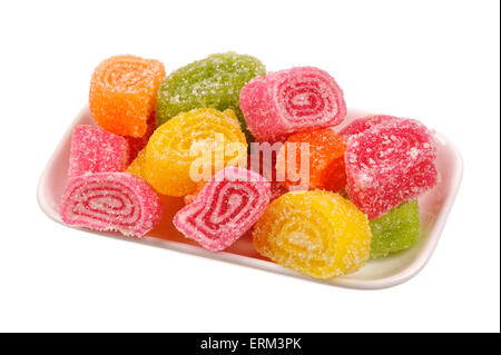 Set di frutta candita jelly su una piastra isolata Foto Stock