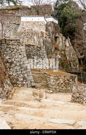 Giappone, Takahashi, Bitchu Matsuyama montagna top castello. Rovina di porta OTE-yaguramon con le mura di Dobei di Uma Yaguruma, torretta, torreggiante sopra. In inverno. Foto Stock