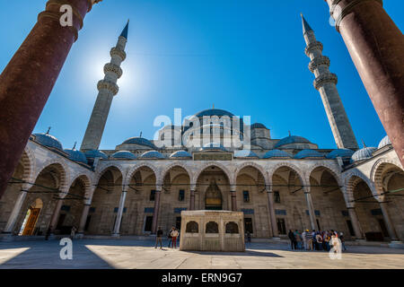 Cortile interno a basso angolo di vista della Moschea Suleymaniye, Istanbul, Turchia Foto Stock