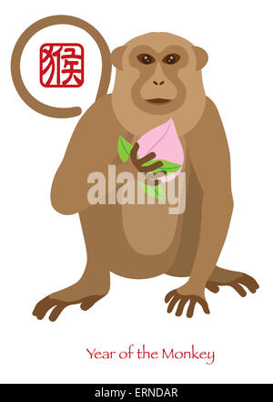2016 Nuovo anno lunare cinese della scimmia Zodiac con la longevità di pesche e testo in cinese simbolo della scimmia Illustrazione a colori Foto Stock