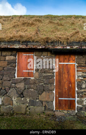 Facciata di un tipico edificio rurale con erba naturale tetto e argento balseros betulla a Torshavn, Isole Faerøer Foto Stock