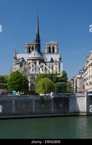 Una vista della facciata orientale del pre-fuoco della cattedrale medievale gotica di Notre Dame de Paris nell'estate 2014 presa dal Quai d'Orléans, Parigi, Francia Foto Stock