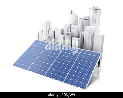 3d Città con pannelli solari, energia alternativa. Concetto di ecologia. Isolato sfondo bianco Foto Stock