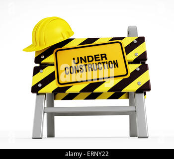 Sotto il segno di costruzione e di compressori hardhat sulla barriera di costruzione Foto Stock