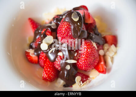 Fragole fresche immersi nel cioccolato fondente Foto Stock