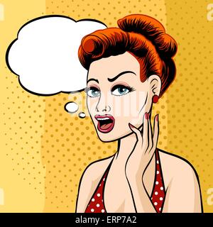 Donna faccia con discorso bolla tracciata la Pop Art Style. Illustrazione Vettoriale