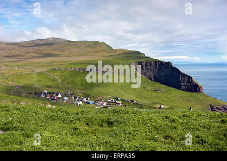 Nordic idilliaco villaggio circondato da verdi campi e scogliere sul mare Foto Stock