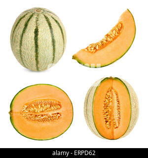 Collage set di 4 studio colpi di un melone Cantalupo, a cui si fa riferimento anche come honeydew, tagliare in diverse forme, isolato su bianco ba Foto Stock