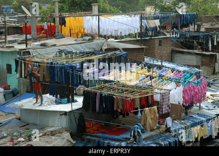 Panni lavati essiccazione su tetti di case a Mahalaxmi Dhobi Ghat aperto lavanderia a gettoni, Mumbai, Maharashtra, India. Foto Stock