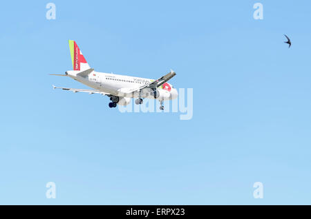 -Aeromobili Airbus A319-111-, di -TAP Portugal- compagnia aerea, atterraggio su Madrid-Barajas : Adolfo SUAREZ- aeroporto. Foto Stock