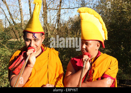 Monaci Tibetani in residenza presso il Pitt Rivers Museum di Oxford, durante la cerimonia di chiusura e la processione. Foto Stock