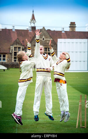 Junior ragazze celebrare tenendo un paletto durante una partita di cricket nel Wiltshire, Inghilterra Foto Stock