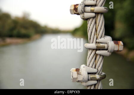 Chiudere fino a Ponte cavo in acciaio con lo sfondo del fiume Foto Stock