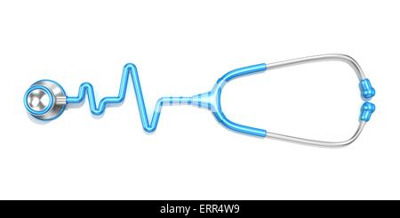 Stetoscopio blu a forma di linea elettrocardiogramma ECG, 3D render illustrazione, isolato su uno sfondo bianco. Vista superiore Foto Stock