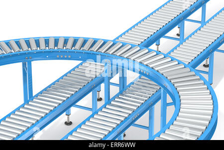 Gruppo astratto di blu trasportatori industriali in varie direzioni. Foto Stock