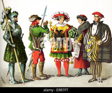 Le figure qui rappresentate sono tedeschi tra 1500 e 1550. Essi sono, da sinistra a destra: knight, Huntsman, araldo imperiale, due patrizi.Questa illustrazione risale al 1882. Foto Stock
