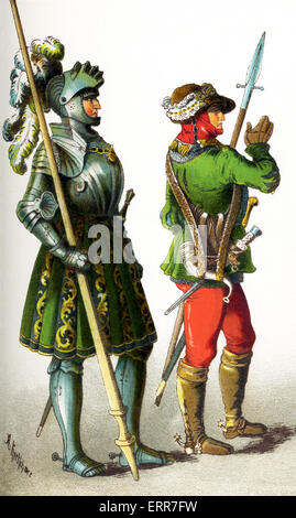 Le figure qui rappresentate sono tedeschi tra 1500 e 1550. Essi sono, da sinistra a destra: un cavaliere e un huntsman.Questa illustrazione risale al 1882. Foto Stock