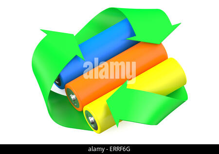Batterie multicolori con riciclo di simbolo isolato su sfondo bianco Foto Stock