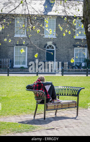 Giovane donna sat lettura su una panchina in piazza nuova Park, Cambridge, Regno Unito Foto Stock