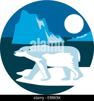 Illustrazione di un orso polare a camminare in piedi sul ghiaccio visto dal lato con iceberg e Luna in background imposta all'interno di cir Foto Stock