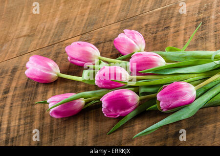 Fresh cut fascio di tulipani rosa su una tavola di legno Foto Stock