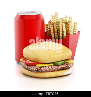 Hamburger, patatine fritte e il carbonato di sodio può isolati su sfondo bianco Foto Stock