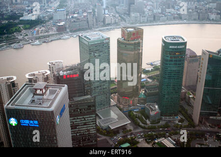 Viste dalla finanza mondiale Tower, Shanghai, ChinaCityscape, vista del fiume Huangpu, il Bund, Puxi e città finanziaria, Shangha Foto Stock