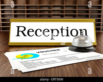 Hotel reception ripostiglio, service bell e voucher Foto Stock