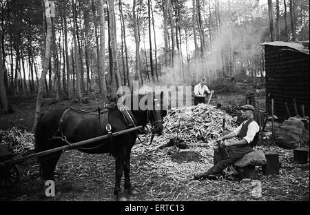 Sedia di lavoro bodgers in West Wycombe, Buckinghamshire. Bodging è un tradizionale legno-girando imbarcazione usata per fare gambe di sedie e altre parti cilindriche di sedie. Circa 1945. Foto Stock