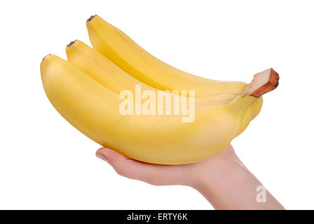 Il mazzetto di banane nella donna la mano su sfondo bianco Foto Stock