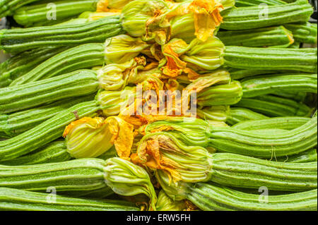 Crudo fresco verde di zucchine con fiori composizione orizzontale dettaglio nel mercato Foto Stock