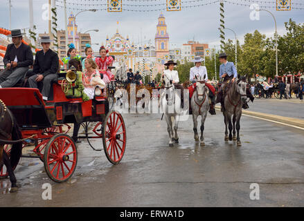 Mulo tracciata carri e cavalieri su antonio bienvenida street con cancello principale 2015 Siviglia fiera di aprile spagna Foto Stock