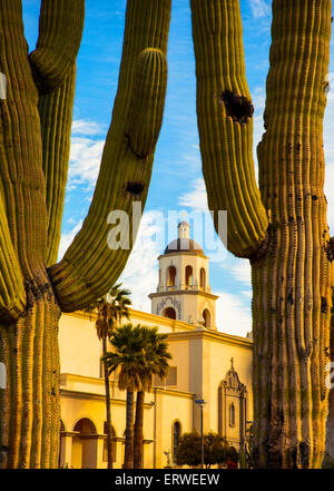 La cupola della cattedrale di Sant'Agostino tra due grandi cactus in primo piano Foto Stock