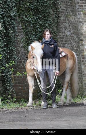 Donna e cavalli di razza Haflinger Foto Stock