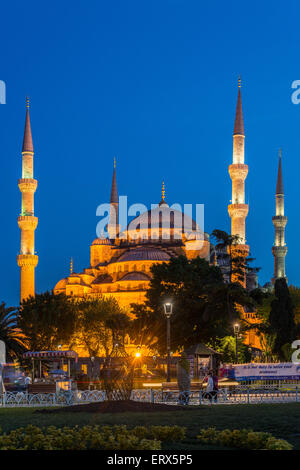 Vista notturna di Sultan Ahmed moschea o la Moschea Blu, Sultanahmet, Istanbul, Turchia Foto Stock