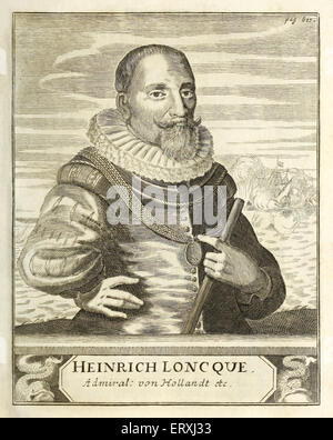 Hendrick Lonck (1568-1634), Olandese naval hero e primo olandese capitano di mare per raggiungere il Nuovo Mondo. Incisione di Herman Padtbrugge (1656-1687). Vedere la descrizione per maggiori informazioni. Foto Stock