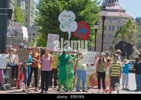 Gli attivisti americani tenere segni e protestare Monsanto e degli alimenti geneticamente modificati (OGM) nel centro di Asheville, NC Foto Stock