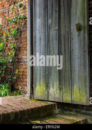 Weathered legno altalene porta aperta a un giardino dimenticato in Inghilterra Foto Stock