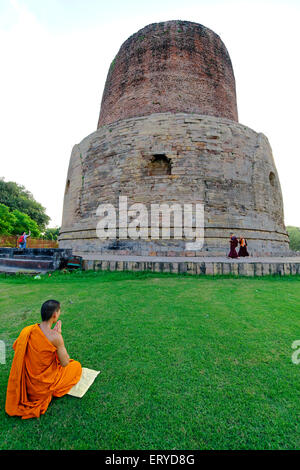 Monaco pregando in Dhamekh stupa ; sito buddista a Sarnath vicino a Varanasi ; Uttar Pradesh ; India Foto Stock