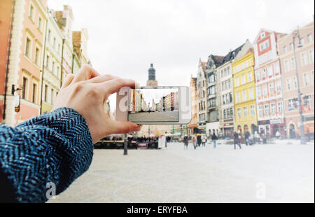 Per scattare una foto della vecchia città di Wroclaw in Polonia, il concetto di viaggio Foto Stock