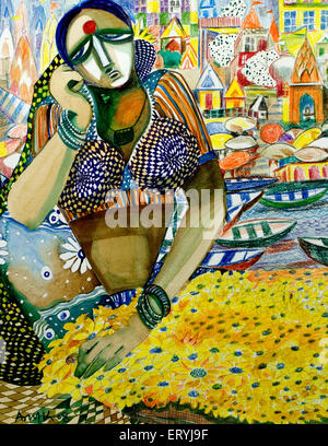 Donna che vende fiori pittura , Varanasi , Uttar Pradesh , India Foto Stock