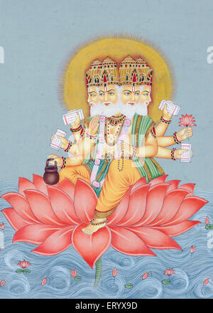 Lord Brahma seduto su fiore di loto, pittura in miniatura, India Foto Stock