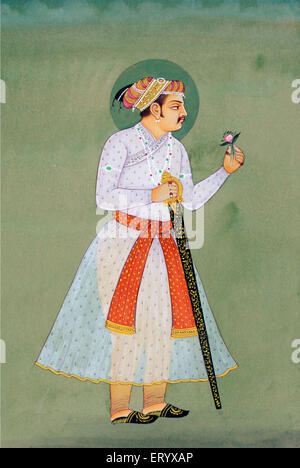 Jahangir con spada e rosa pittura in miniatura di indiano Mughal imperatore India Asia Foto Stock