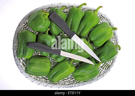 Peperoni Verdi latino Capsicum annuum in un cestello con due taglienti coltello con impugnatura nera ; India Foto Stock