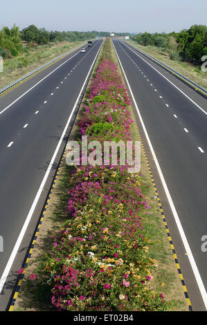 Ahmedabad Vadodara Expressway con fiori bed autostrade nazionali Autorità del Gujarat India India Foto Stock