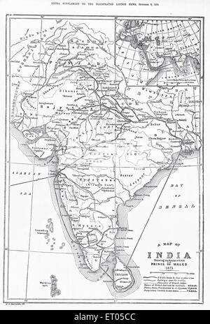 Una mappa di India che mostra il percorso di S.A.R. il Principe di Galles 1875 Foto Stock