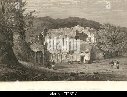 Vista frontale del tempio di Kailasa , le grotte di Ellora , Aurangabad , Maharashtra , India , vecchia annata del 1800 Foto Stock