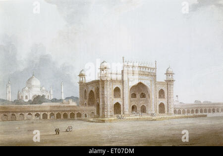 Porta di Taj Mahal, Agra, Utttar Pradesh, India, dipinto ad acquerello vecchio annata 1700s di William Daniell, 1769-1837, Foto Stock