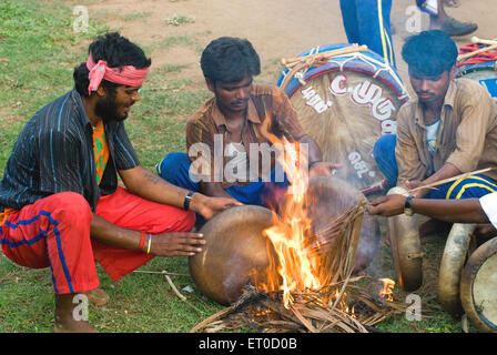 I percussionisti tamburo di riscaldamento ; Tamil Nadu ; India agosto 2009 n. MR Foto Stock