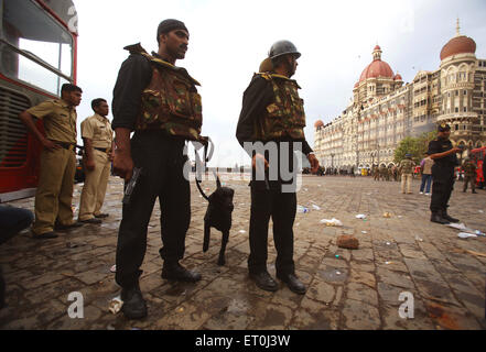 La sicurezza nazionale guardie commandoes NSG cani e personale di polizia Taj Mahal hotel uccidere terroristi ; Bombay Foto Stock